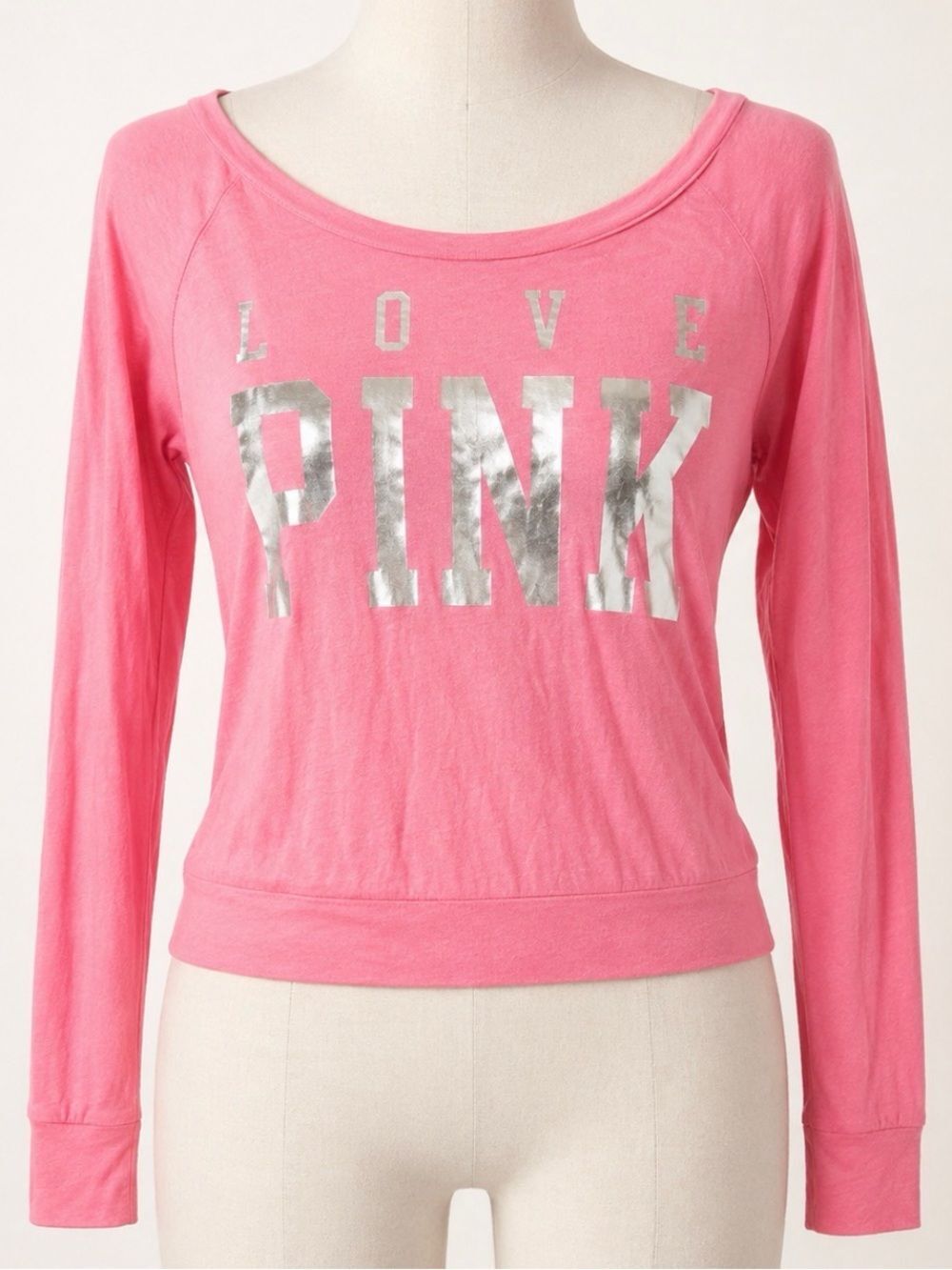 Victoria’s Secret PINK Neon Pink Silver Foil Logo Long Sleeve Top XS Y2K